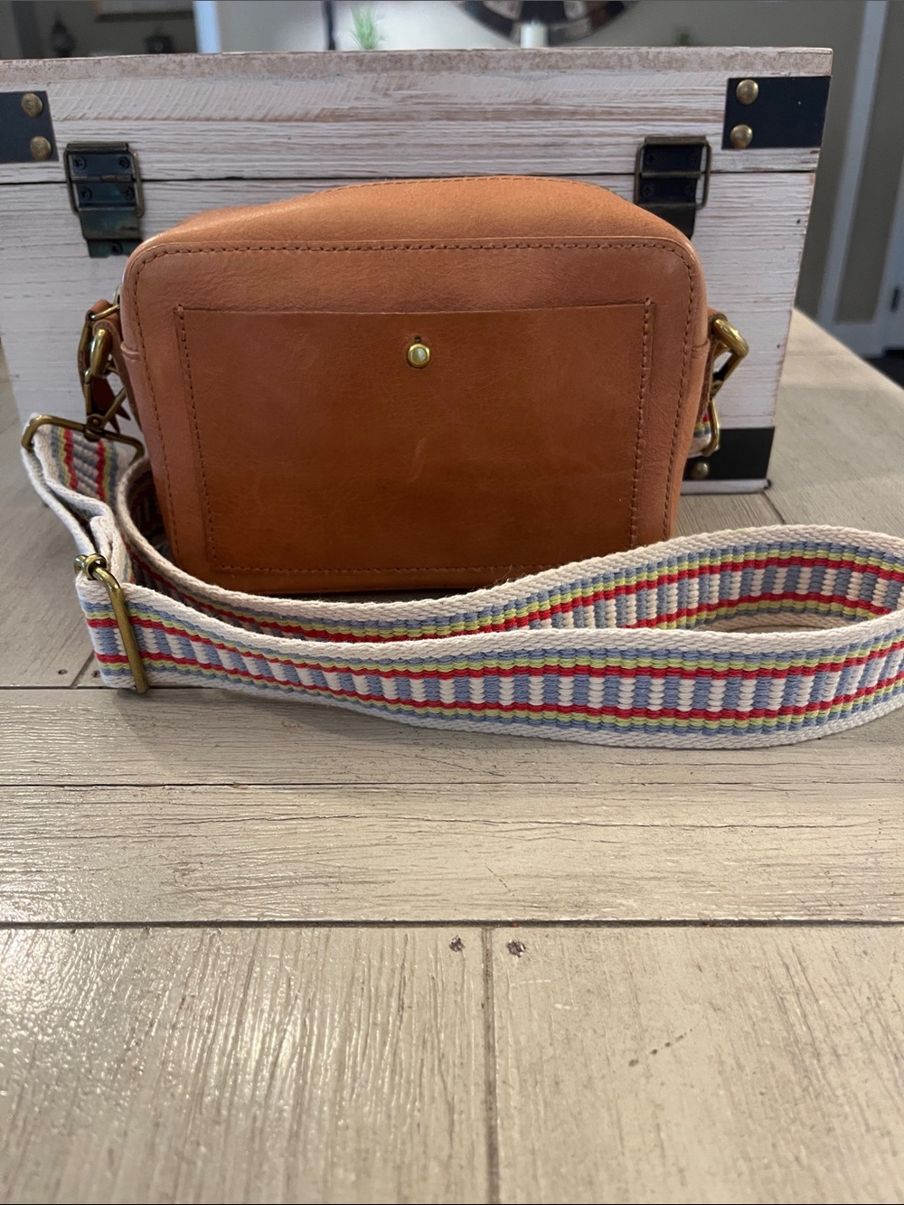 Madewell Cognac Leather Crossbody with Striped Canvas Strap